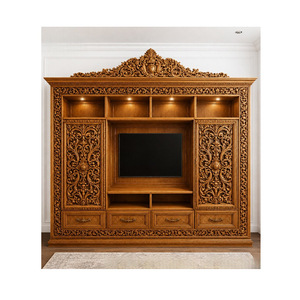 Luxury Indian Heritage Wooden TV Wall <b>Unit</b> with Intricate Carving And Storage Cabinets Classic Teak Wood TV <b>Unit</b> Manufacturer UK - Product Image 1