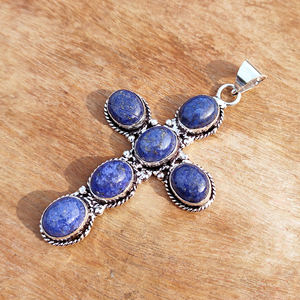 Pendentif Croix Vintage en Lapis Lazuli Plaqué Argent Antique, Base en Laiton, Bijou Unisexe Personnalisé, Cadeau, Sertissage Bezel, Vente en Gros - Product Image 6