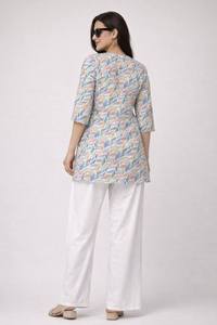Kurta en coton à imprimé feuilles colorées pour femmes avec pantalon palazzo blanc, tenue décontractée, style ethnique Inde Pakistan, coupe ample pour l'été - Product Image 4