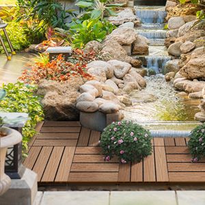 "11PCS Teak Wood Plastic Composite Grooved Patio Deck Tiles 12"x12" <b>Engineered</b> Wood <b>Flooring</b> DIY Model" - Product Image 2
