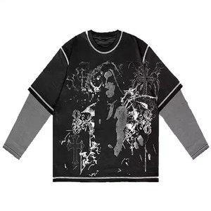 เสื้อยืดแขนสั้นผู้ชายสไตล์สตรีทแวร์ขายส่ง ผ้าฝ้าย 100% พิมพ์โลโก้ตามสั่ง เสื้อยืดแขนยาวสองชั้นสไตล์วินเทจสำหรับผู้ชาย - Product Image 3