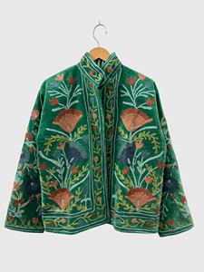 Chaqueta con Cuello Mao, Bordado a Mano con Patrón Geométrico Verde, Manga Larga, Estilo Terciopelo, Diseño Blusón, para Adultos, Otoño - Product Image 1