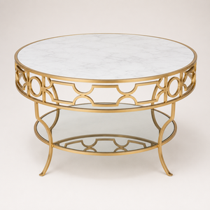 Elegant <b>Round</b> White Marble Coffee <b>Table</b> With <b>Gold</b> Metal Frame Decorative Circular Design Glass Shelf For Living Room Home Decor - Product Image 6