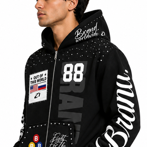 Vente en gros de sweats à capuche zippés personnalisés de luxe avec strass, streetwear lourd pour hommes, fabrication OEM ODM sous marque privée - Product Image 5