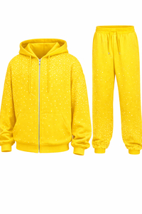 Ensemble de survêtement à capuche pour homme, imprimé pois jaunes, avec fermeture éclair intégrale, sweat-shirt et pantalon décontractés, pour l'automne, orné de strass - Product Image 3