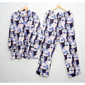 Conjunto de pijama de algodón con estampado animal, conjunto de pijama bohemio con estampado de bloques para mujer, conjunto de pijama de verano, traje de dormir de dos piezas - Product Image 1