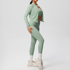 Ensemble de yoga 3 pièces côtelé sans couture pour femme, personnalisé OEM, vêtements de sport, leggings taille haute, soutien-gorge de sport, veste zippée - Product Image 4