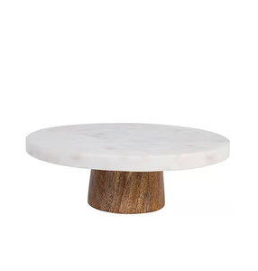 Plateau à gâteau en bois et marbre, plateau à gâteau en marbre blanc avec base en bois naturel cannelé à prix avantageux - Product Image 1