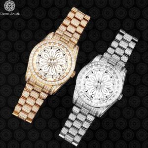 Charm_Jewells Montre de luxe pour homme en or jaune, boîtier rond, analogique, à quartz, incrustée de diamants, fermoir pliant, bracelet de 20 mm - Product Image 4