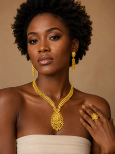 Juego de Collar de Filigrana Chapado en Oro Africano de 24K de Primera Calidad para Mujer, Joyería Nupcial Nigeriana con Aretes y Anillo - Product Image 3