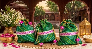 Sac Potli en coton vert fait main avec pompons roses et bordure dorée, cadeau de mariage indien - Product Image 5