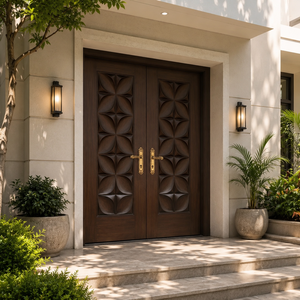 Puerta de Entrada de Madera Sólida Golden Aero GA-52S con Diseño Curvo y Tallado Circular Estilo Artesanal para Uso Exterior - Product Image 1
