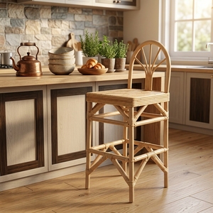 Taburete de Bar Tradicional de Mimbre y Ratán con Estructura de Madera, Apariencia Antigua, para Uso Comercial, Hogar, Bar, Hotel, Instalaciones de Ocio - Product Image 1