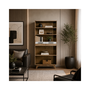 Bibliothèque moderne en bois avec tiroirs, étagère ouverte, vitrine pour salon, bureau à domicile, design personnalisé - Product Image 1