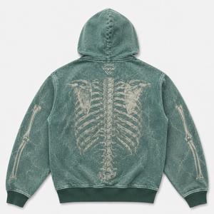 Mens Vintage Washed <b>Skeleton</b> Print Zip Up <b>Hoodie</b> Oversized Streetwear Graphic Hooded Sweatshirt Cotton Fleece Jacket - Product Image 3