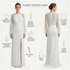 Vestido Largo de Lentejuelas Blancas de Lujo |   Camiseta de manga larga para mujer con hombros descubiertos y transparencias |   Vestido de noche con abertura alta |   Ropa Formal Elegante - Product Image 4