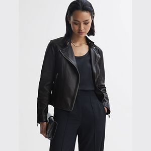 Chaqueta de Motociclista de Cuero Genuino para Mujer, Color Sólido, Cuello Redondo, Cierre de Cremallera, Manga Larga, Estilo Otoñal - Product Image 4