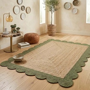 Natural Rectangular Jute Rug Green Scalloped Border Handmade Woven Area Carpet Rustic Boho Farmhouse Home Decor Rug - Product Image 2