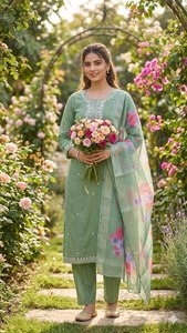 Ensemble Kurti décontracté en coton slub pour femme, avec broderie élégante, pantalon et dupatta ethniques, vente en gros pour revendeurs - Product Image 4