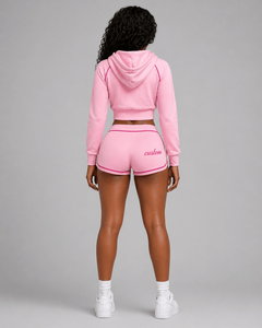 Ensemble de survêtement rose pour femme, deux pièces personnalisées, avec crop top zippé et short, vêtements de sport, fournisseur OEM - Product Image 4