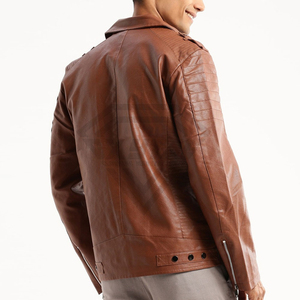 Premium Custom Brown Faux Leather <b>Biker</b> <b>Jacket</b> Men Stylish Slim Fit Moto Coat Wholesale High Quality Synthetic Leather Outwear - Product Image 2