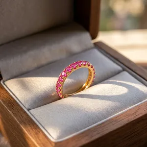 Elegante Anillo de Media Eternidad con Zafiro Cultivado en Laboratorio en Oro Amarillo de 14k para Mujeres y Niñas - Regalo de Compromiso o Boda - Product Image 1
