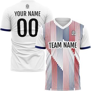 Conjunto de Camiseta de Fútbol Personalizada para Hombre, Blanca con Rayas Rojas y Azules, Cuello en V, Sublimada, Manga Corta, Transpirable, para Todas las Temporadas, Corte Regular - Product Image 2