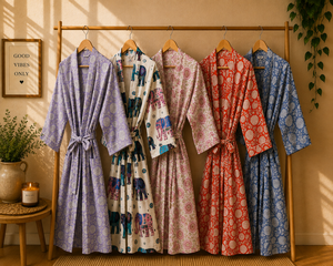 Vente en gros de robes kimono en coton pour femmes |   Col en V imprimé floral avec fermeture à cordon |   Manches 3/4, longueur cheville, respirant, été - Product Image 1
