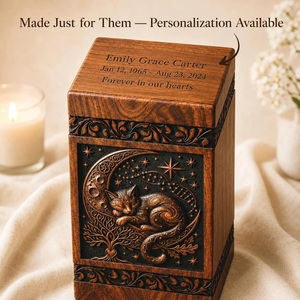 Hand-Carved Walnut <b>Cat</b> <b>Urn</b>-American Style Celestial Moon Stars Design Durable Eco-Friendly Cremation <b>Urn</b> 220 Cubic Inch Capacity - Product Image 4