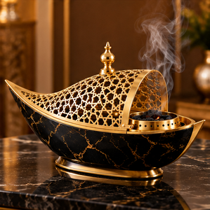 Brûleur à Bakhoor de luxe inspiré de l'arche de Noé, en forme de bateau, en acier inoxydable et résine, noir et or, brûleur à encens arabe Oud avec finitions dorées - Product Image 3