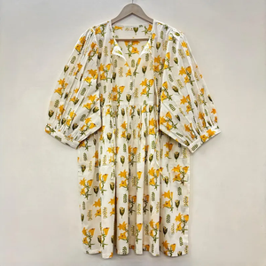 เดรสลำลองผู้หญิง ผ้าทอ 100% คอตตอน สีพื้น/เรียบ แขนสั้น เอวทรงเอ็มไพร์ ทรงเบบี้ดอลล์ โอเวอร์ไซส์ คอวี ทรงหลวม ใส่สบาย - Product Image 1