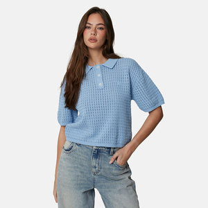 Women's Light Blue Short Sleeve Knitted Polo Shirt Solid Color Casual Breathable 100% Cotton - Product Image 4