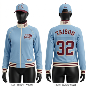 Veste d'entraînement de baseball pour femmes, 280 GSM, en polycoton interlock, bleu ciel, blanc, bordeaux, avec empiècements côtelés, broderie et logo par sublimation - Product Image 1