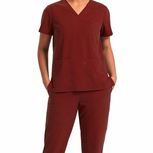 Conjunto de uniforme médico unisex color granate con cuello en V y pantalón, tejido de estambre ecológico de elastano/poliéster/rayón, apto para detección por radiofrecuencia. - Product Image 4
