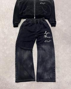 Conjunto de Sudadera con Capucha y Cremallera Completa con Lavado Ácido y Pedrería, y Pantalones de Chándal de Pierna Ancha, de Mezcla de Algodón Ligera, con Logotipo Personalizado, para Hombre, Estilo Casual - Product Image 3