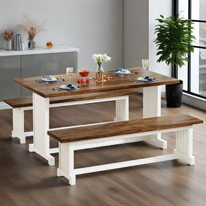 Set da Pranzo Contemporaneo in Stile Fattoria con Tavolo e 2 Panche Pieghevoli, Mobili da Cucina in Legno per Appartamenti - Product Image 3