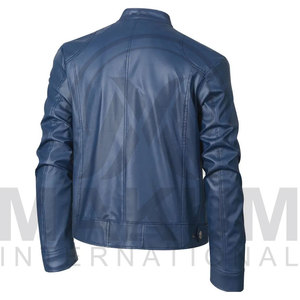 Blue Leather Jacket Slim Fit Turn-<b>down</b> Collar Zipper Closure Regular Length - Product Image 4