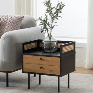Luxury style wooden Bedside Table with <b>Black</b> Frame and Dual Drawers Rattan Accent Nightstand for Modern Bedroom Decor - Product Image 1