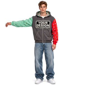 Sudadera con capucha para hombre, de algodón grueso, con diseño de bloques de color y cremallera, bordado personalizado, estilo urbano, informal, a la moda. - Product Image 3