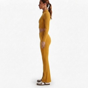 <b>Women</b> Workout Set Long Sleeve Stand Collar Crop Top High Waist <b>Flare</b> <b>Leggings</b> Stretch Sportswear Fitness Apparel - Product Image 3