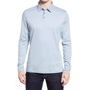 Polo à manches longues bleu clair pour homme, coupe classique, couleur unie, style décontracté, col en tissu Oxford - Product Image 1