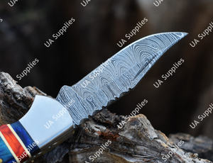 High Quality Damascus Steel Folding Knife OEM Wood Epoxy Handle Outdoor Bushcraft EDC Tactical Pocket Knife <b>Leather</b> Sheath Drop - Product Image 2