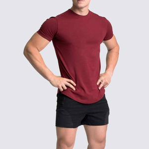 Camiseta de Manga Corta para Hombre, Color Borgoña, Cuello Redondo, Tejido de Punto, Corte Ajustado, Estilo Casual - Product Image 1