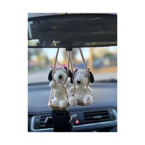 Cute Crochet <b>Snoopy</b> Dog Car Hanging Ornament 3D Cartoon Plush Soft <b>Toy</b> White Black Color Swing Decor - Product Image 1