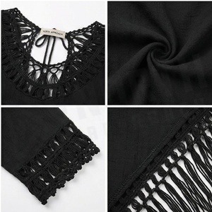 Women's Black Chiffon Boho Tunic With Lace Hollow Neck And <b>Fringe</b> Hem - Product Image 4