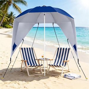 Ombrellone da Spiaggia Portatile 2-in-1 in Tessuto Oxford con Rivestimento Argento UPF 50+, Tettoia Ventilata Antivento e Pannelli Laterali con Ancoraggio per Sabbia - Product Image 4