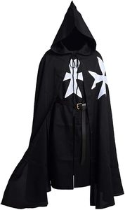 Cape de Chevalier Médiéval à Croix Templière Noire à Capuche, Costume Unisexe en Polyester Imprimé, Tenue de Crusader Renaissance pour Fête d'Halloween - Product Image 6