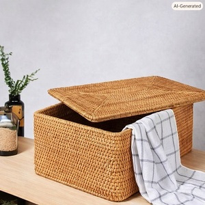 Durable Home <b>Collapsible</b> Bamboo Basket Rattan <b>Storage</b> Box With Lid Rectangle Shape Clothing Organizer Living Room <b>Storage</b> Bin - Product Image 2