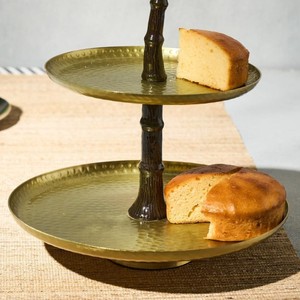 Charming Two-<b>Tier</b> Gold <b>Cake</b> Stand Featuring Hammered Trays & A Unique Central Palm Tree Pillar With Green Fronds Top For Serving - Product Image 4