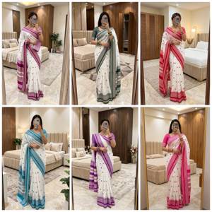 Sari Banarasi Imprimé Blanc et Bleu pour Femme, Tenue Traditionnelle Décontractée, Longueur Standard, Sans Plis, Style Ethnique Indien, Mode Leranath - Product Image 5